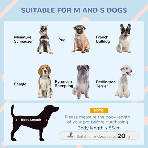 Light blue graphic showing six dog breeds for pawhut dog house outdoor elevated bed 81l x 54w oxford fabric gray