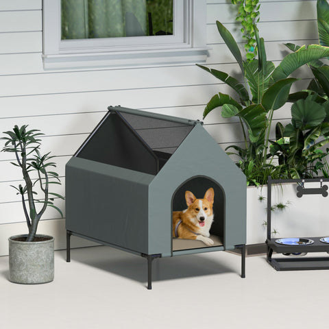 Gray pawhut dog house with black mesh roof metal legs elevated bed 81l x 54w for small and medium dogs