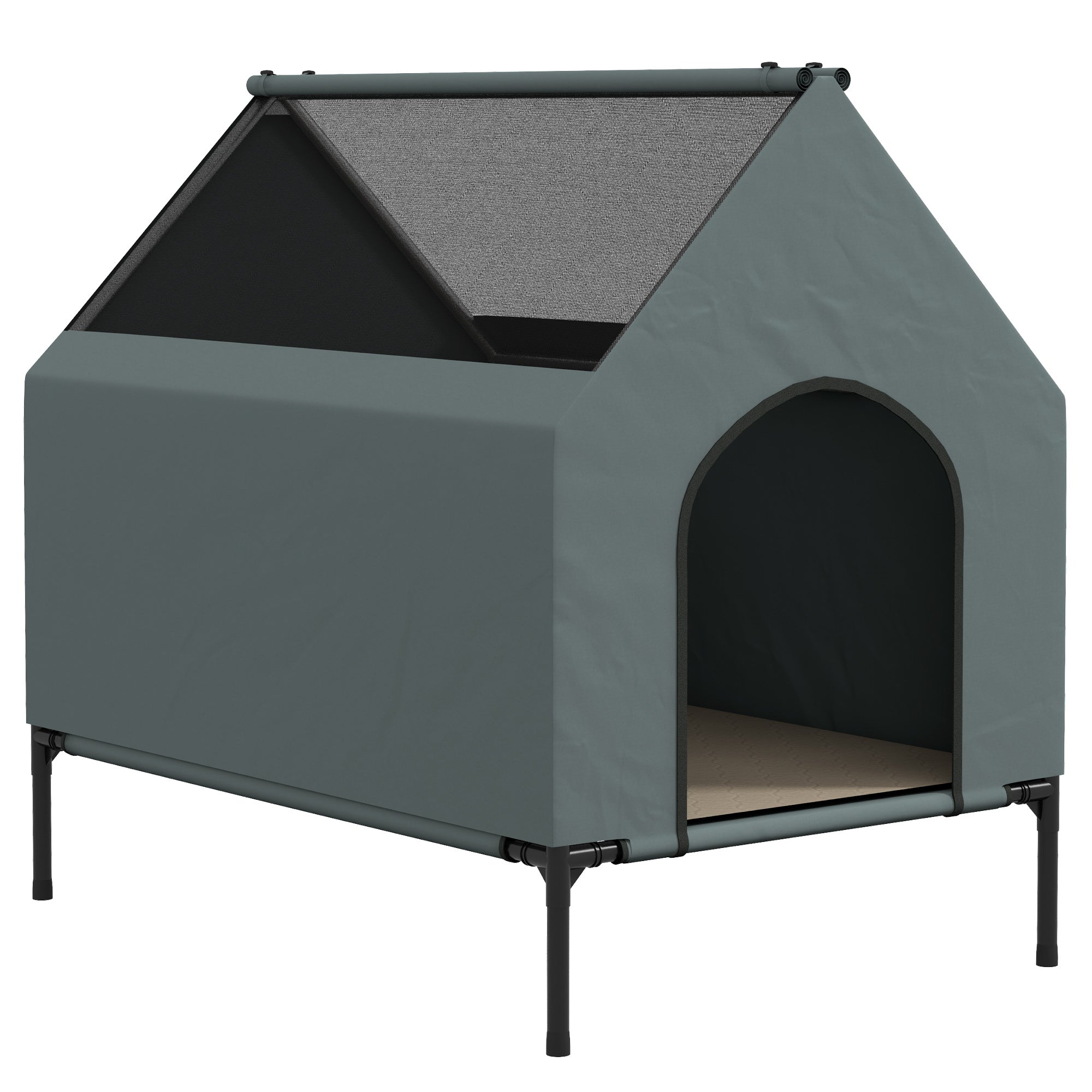 Gray pawhut dog house with oxford fabric, textured roof, black trim, elevated on four legs, 81l x 54w for small dogs