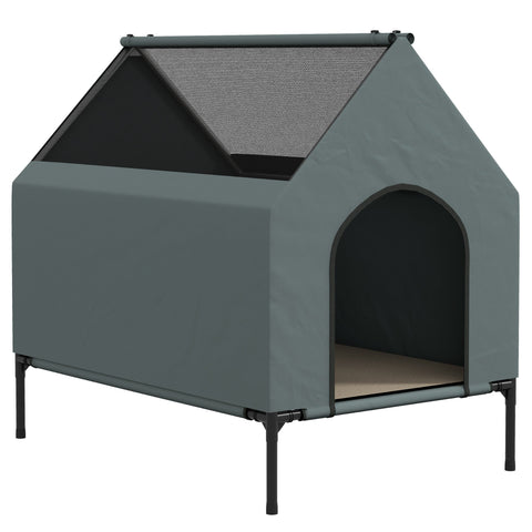 Gray pawhut dog house with oxford fabric, textured roof, black trim, elevated on four legs, 81l x 54w for small dogs