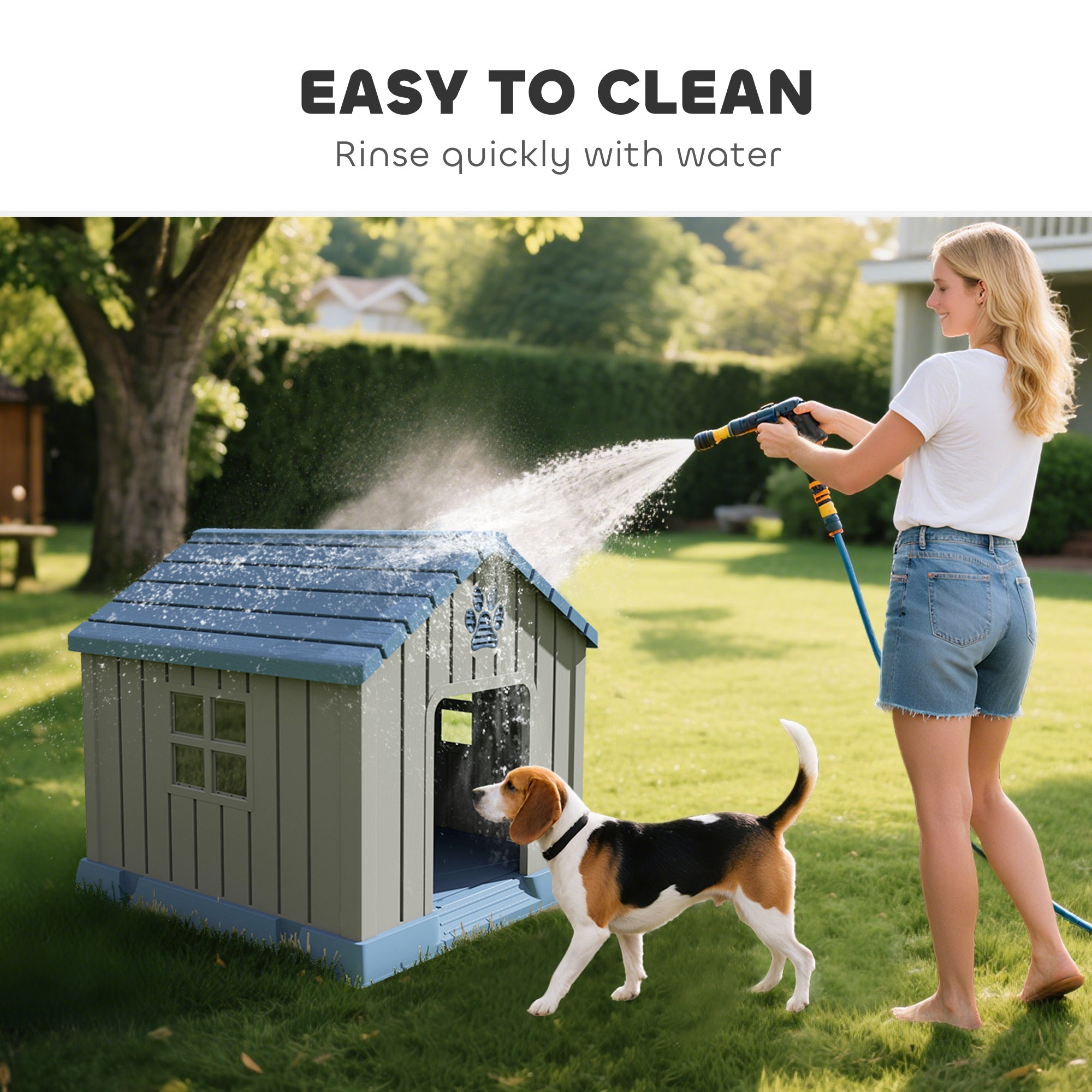 Blue and gray plastic pawhut dog house with slanted roof and windows for outdoor dog use in garden or patio