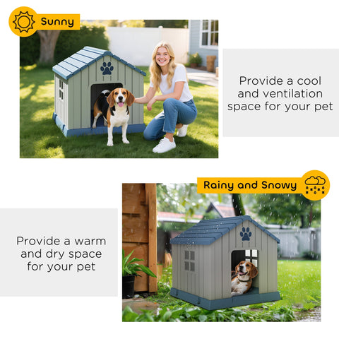 Beige and blue plastic dog house with slanted roof and paw print design perfect as outdoor dog shelter