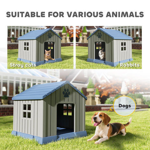 Gray and blue plastic dog house with paw print design from pawhut waterproof outdoor dog kennel for medium dogs