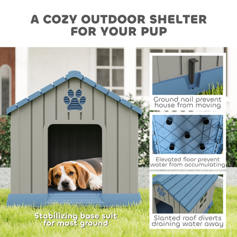 Grey and blue pawhut outdoor dog house with paw print slanted roof made of waterproof plastic for medium dogs