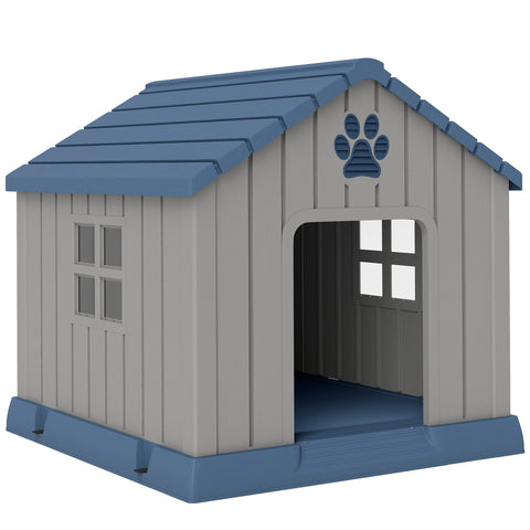 Gray and blue plastic pawhut dog house with slanted roof and paw print design for outdoor dog use