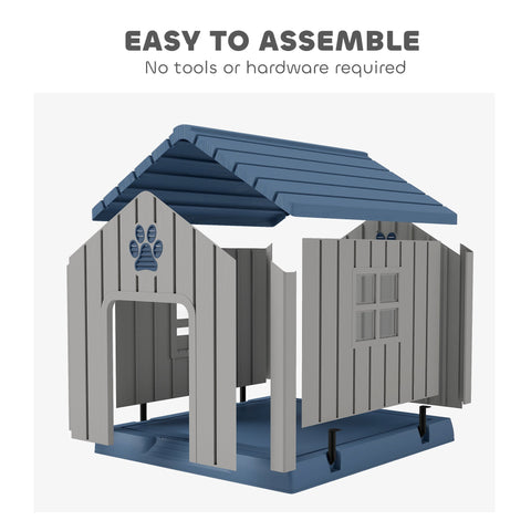 Blue and gray plastic outdoor dog house with paw print design and slanted roof for medium dogs by pawhut
