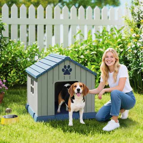 Gray and blue plastic dog house with paw print design outdoor dog kennel waterproof for medium dogs by pawhut
