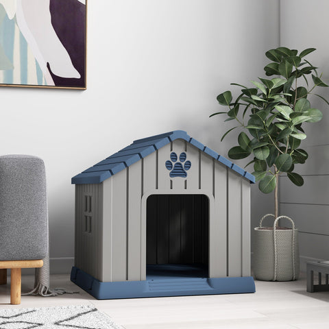 Gray and blue plastic dog house with paw print design by PawHut perfect outdoor dog kennel for medium dogs