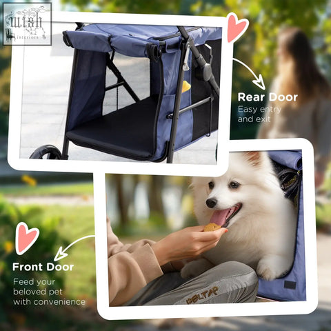 Blue pawhut dog stroller with black mesh sides front door for feeding soft cushion and safety leashes for small dogs