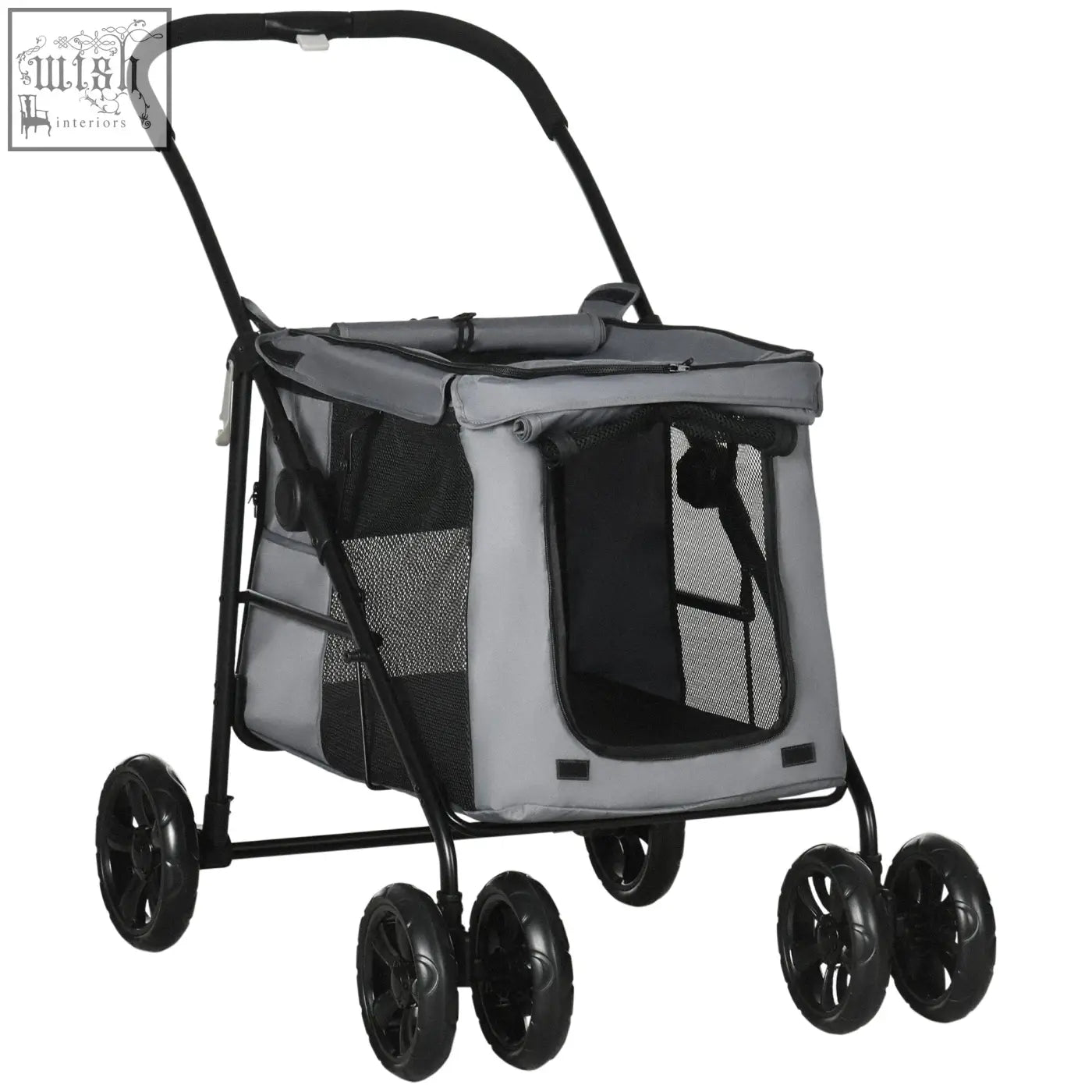 Gray and black pawhut dog stroller with mesh sides four wheels soft cushion and safety leashes for small dogs