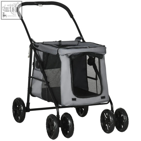 Gray and black pawhut dog stroller with mesh sides four wheels soft cushion and safety leashes for small dogs