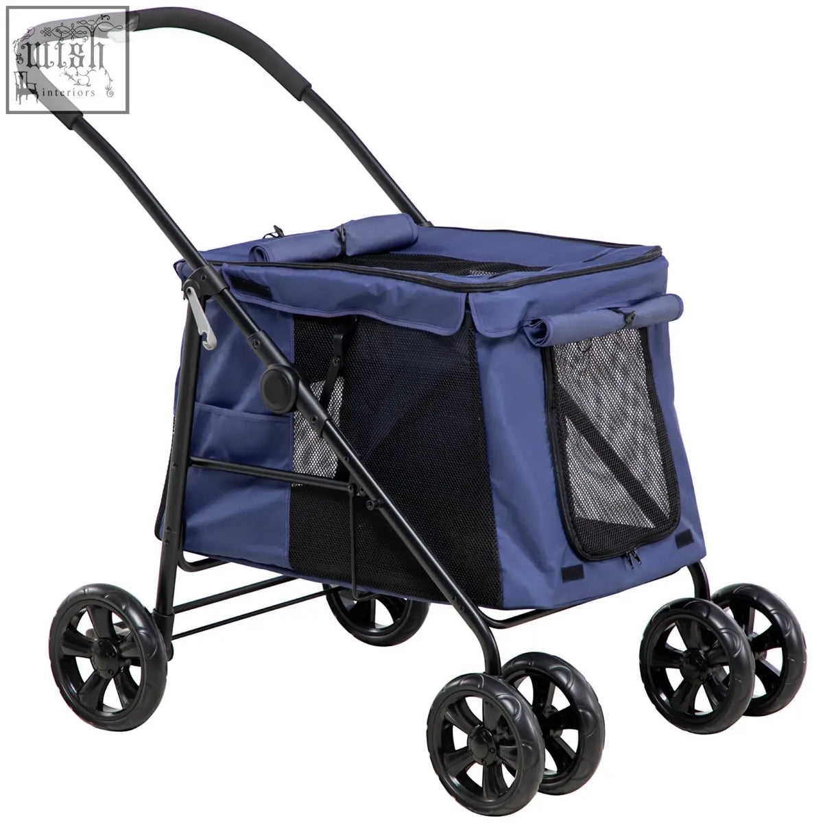 Dark blue pawhut dog stroller with black mesh sides, soft cushion, and 4 wheels for small and medium dogs