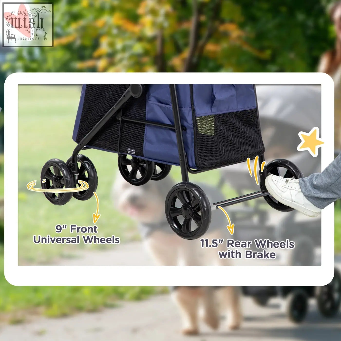 Pawhut dog stroller in dark blue with soft cushion 9 inch front wheels 11.5 inch rear wheels and brake system