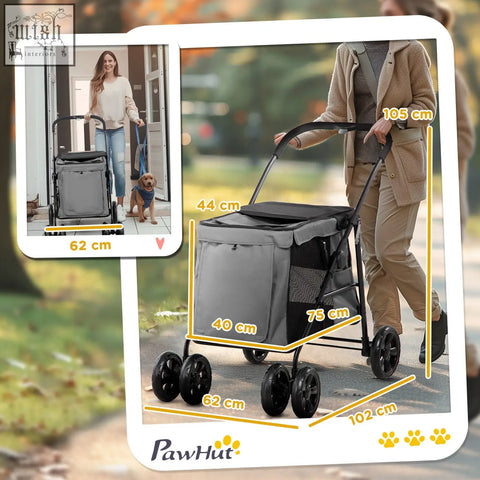 Gray and black pawhut dog stroller with mesh side panel foldable handle soft cushion and four wheels for small dogs