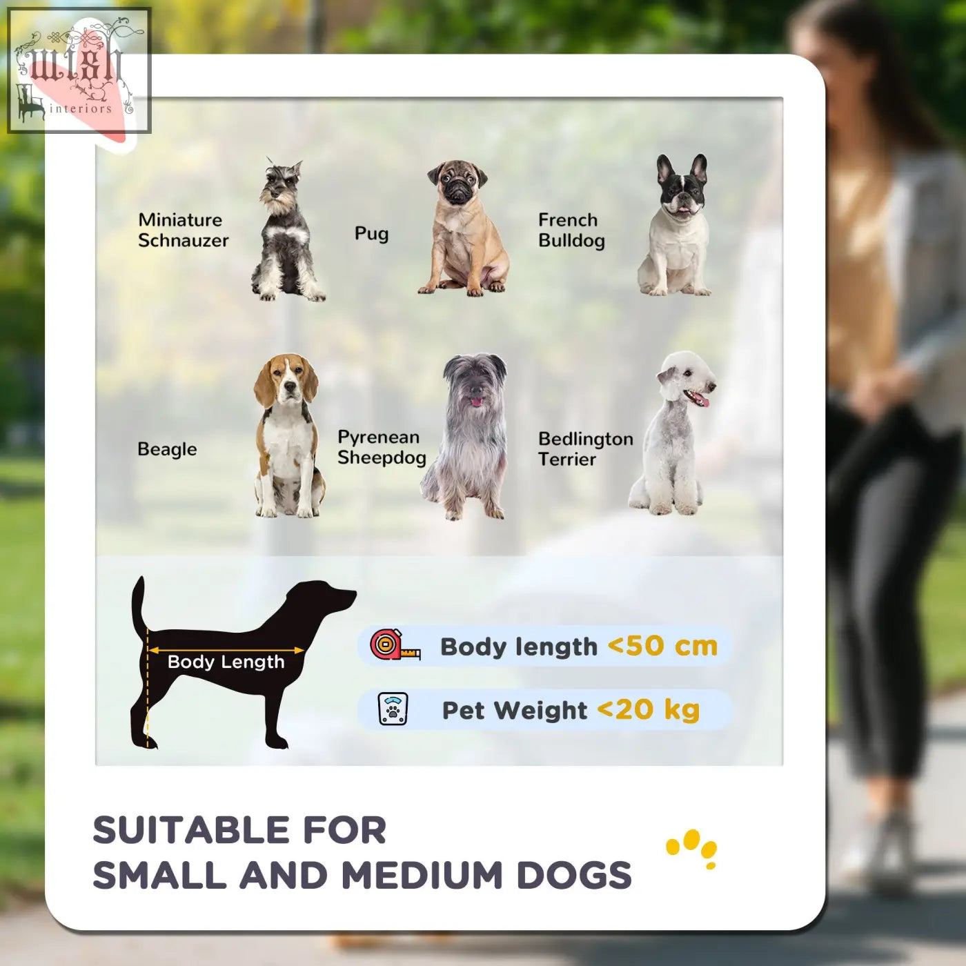 White informational card shows six dog breeds for pawhut dog stroller with soft cushion and safety leashes in dark blue