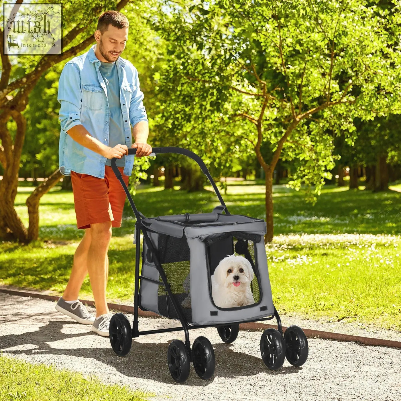 Gray pawhut dog stroller with black wheels, mesh sides, soft cushion, and safety leashes for small to medium dogs