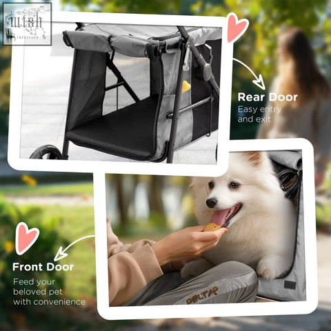 Gray and black pawhut dog stroller with mesh sides, front and rear doors, soft cushion, safety leashes for small dogs