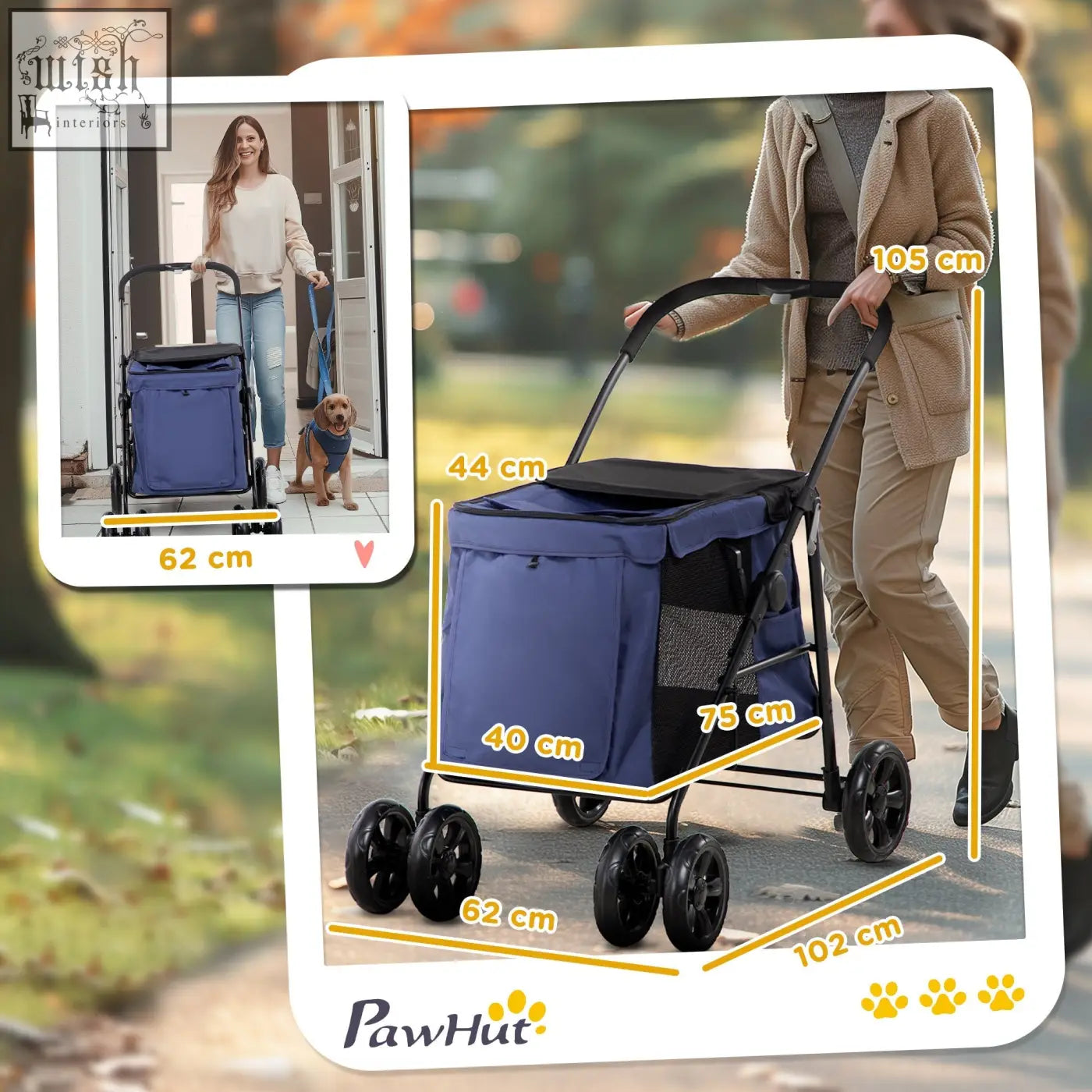 Blue pawhut dog stroller with black frame wheels soft cushion and safety leashes for small medium dogs