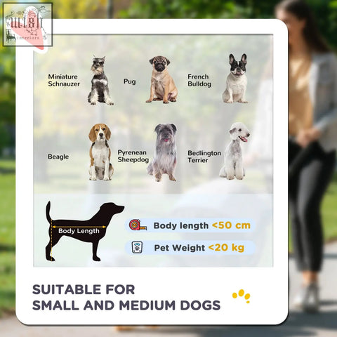 White pawhut dog stroller with soft cushion and safety leashes showing six dog breeds including miniature schnauzer and pug