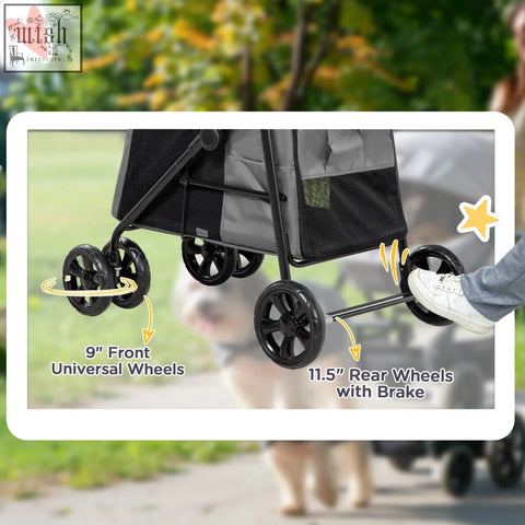 Pawhut dog stroller in grey with soft cushion, universal front wheels, and rear brake wheels for small to medium dogs