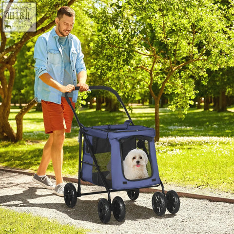Blue pawhut dog stroller with black wheels mesh sides soft cushion and safety leashes for small medium dogs