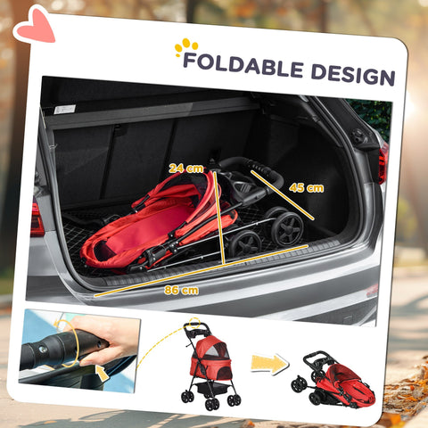 Red and black pawhut dog stroller foldable pet pushchair with 4 wheels 52l x 32w for small dogs and easy car trunk storage