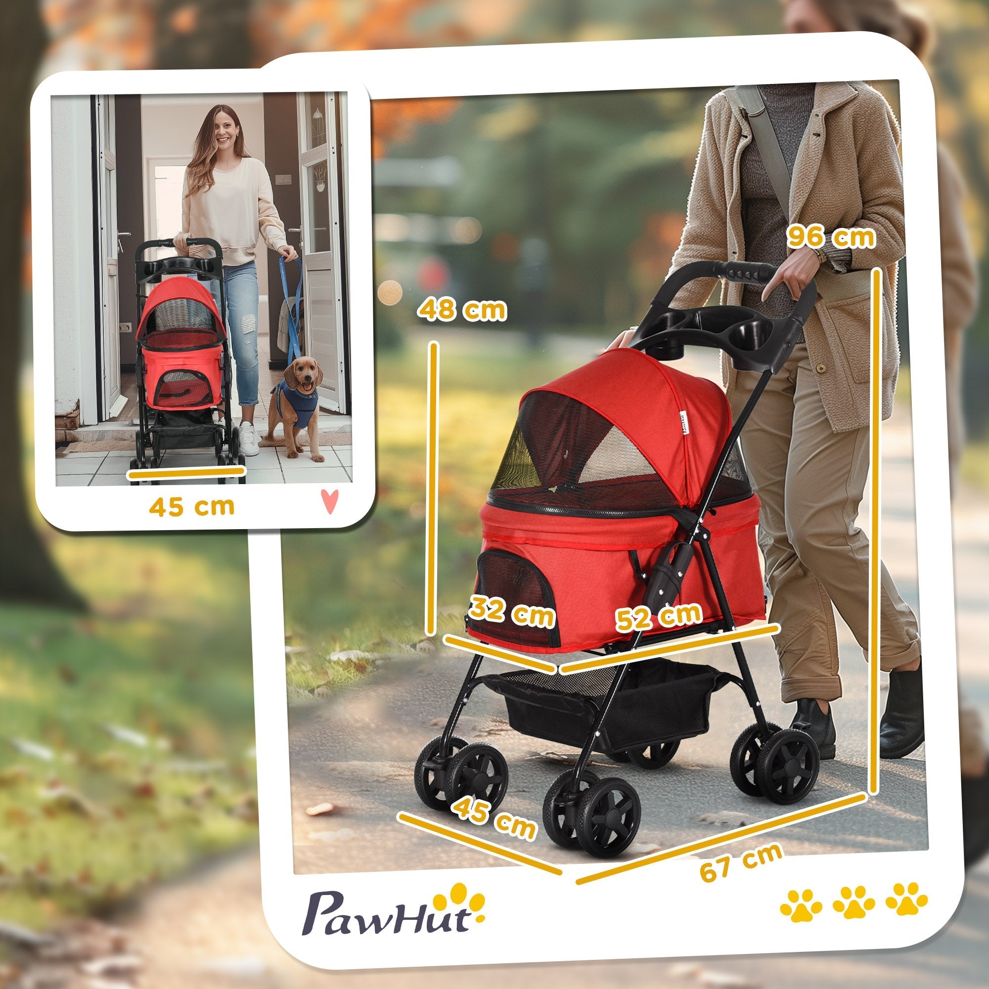 Red pawhut dog stroller 52l x 32w with black frame mesh canopy foldable pet pushchair for small dogs