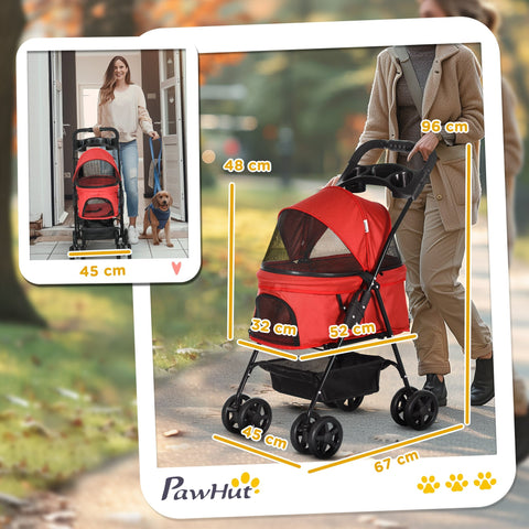 Red pawhut dog stroller 52l x 32w with black frame mesh canopy foldable pet pushchair for small dogs