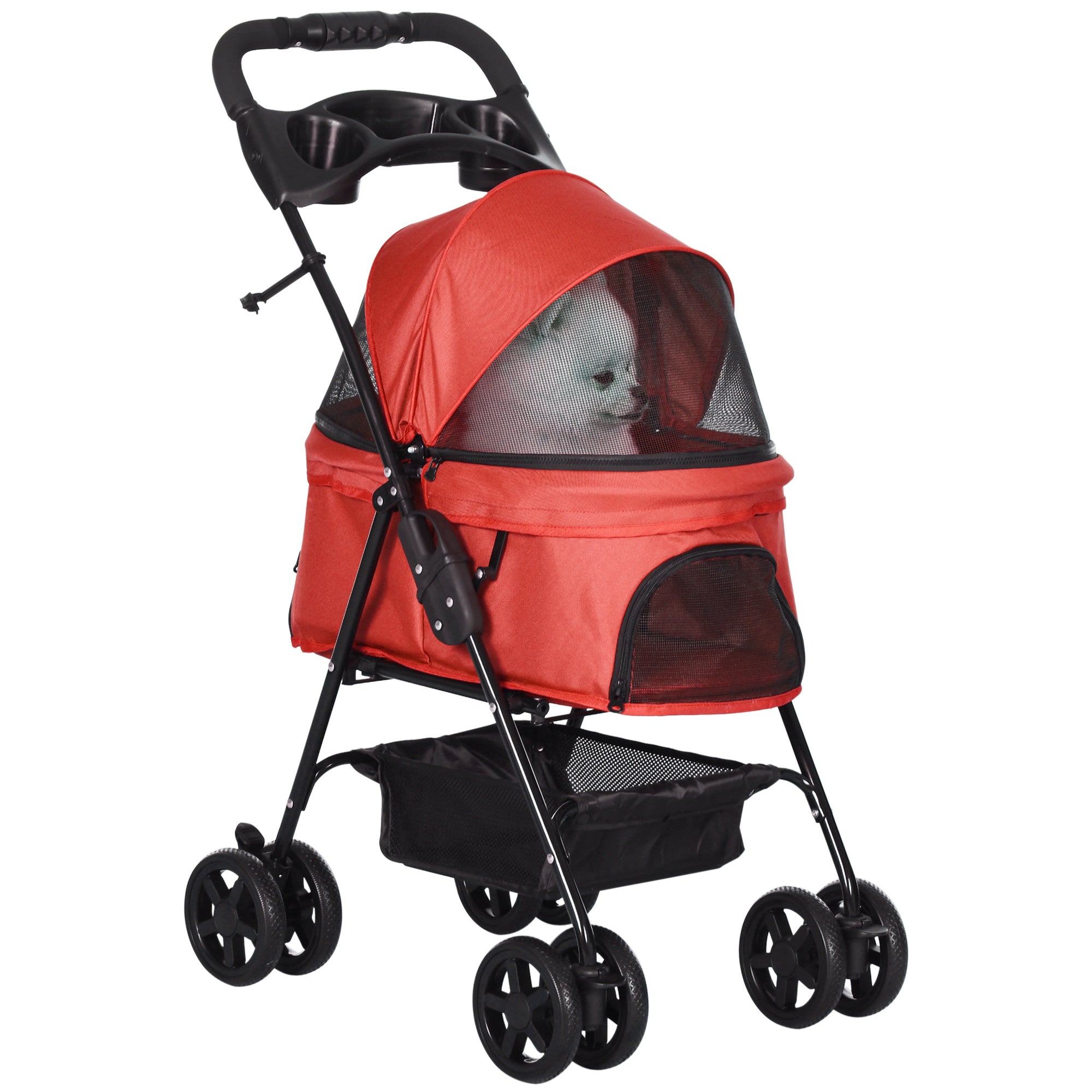Pawhut dog stroller foldable red pet pram with black frame mesh sides 52l x 32w for small dogs
