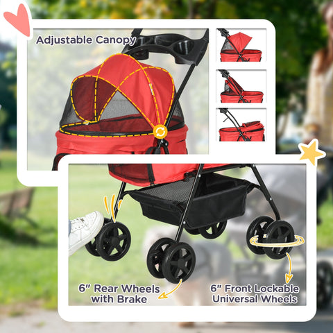 Red pawhut dog stroller with black frame adjustable canopy foldable 52l x 32w perfect for small dogs