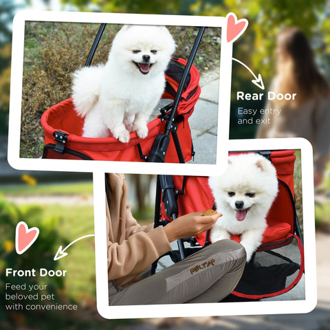 Red pawhut dog stroller with black frame mesh sides foldable 4 wheels safety leashes cup holder 52l x 32w