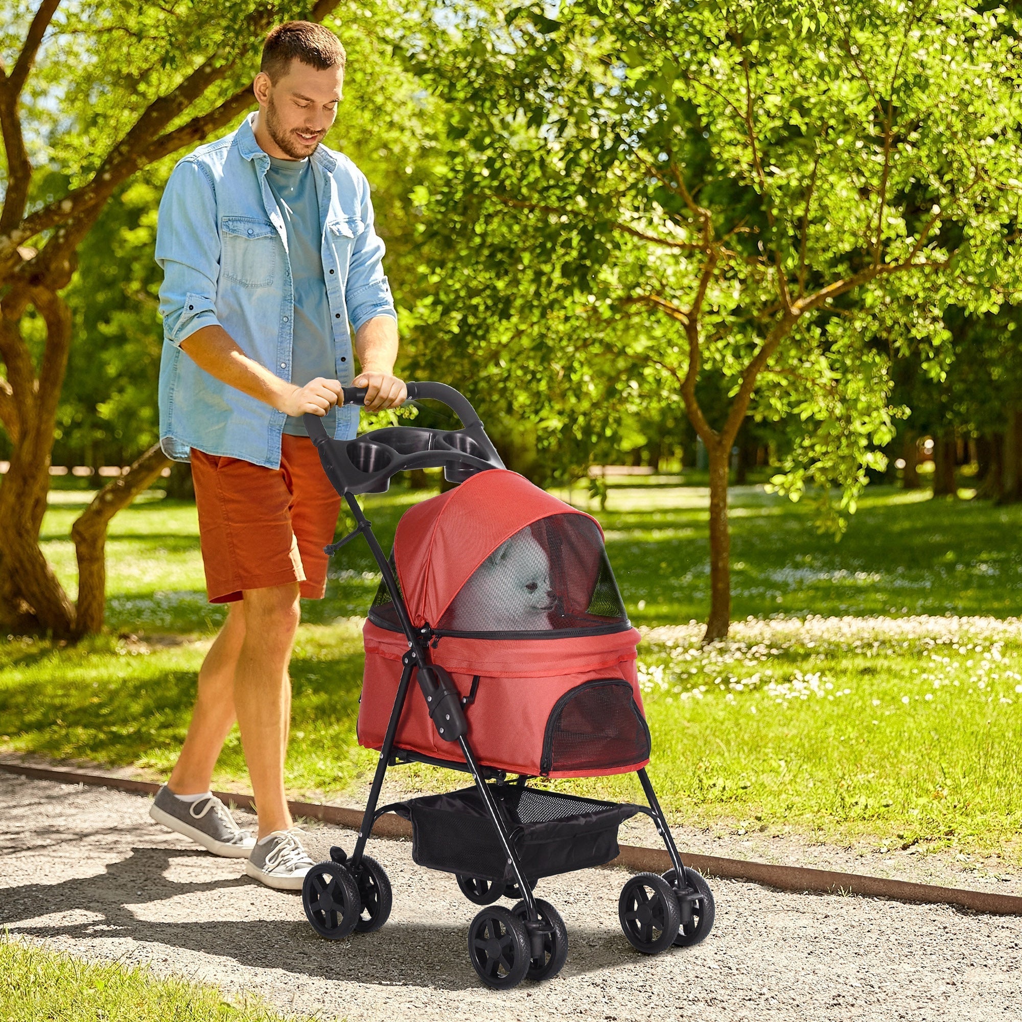 Pawhut dog stroller in red with black frame 4 wheels mesh canopy cup holder and storage basket 52l x 32w