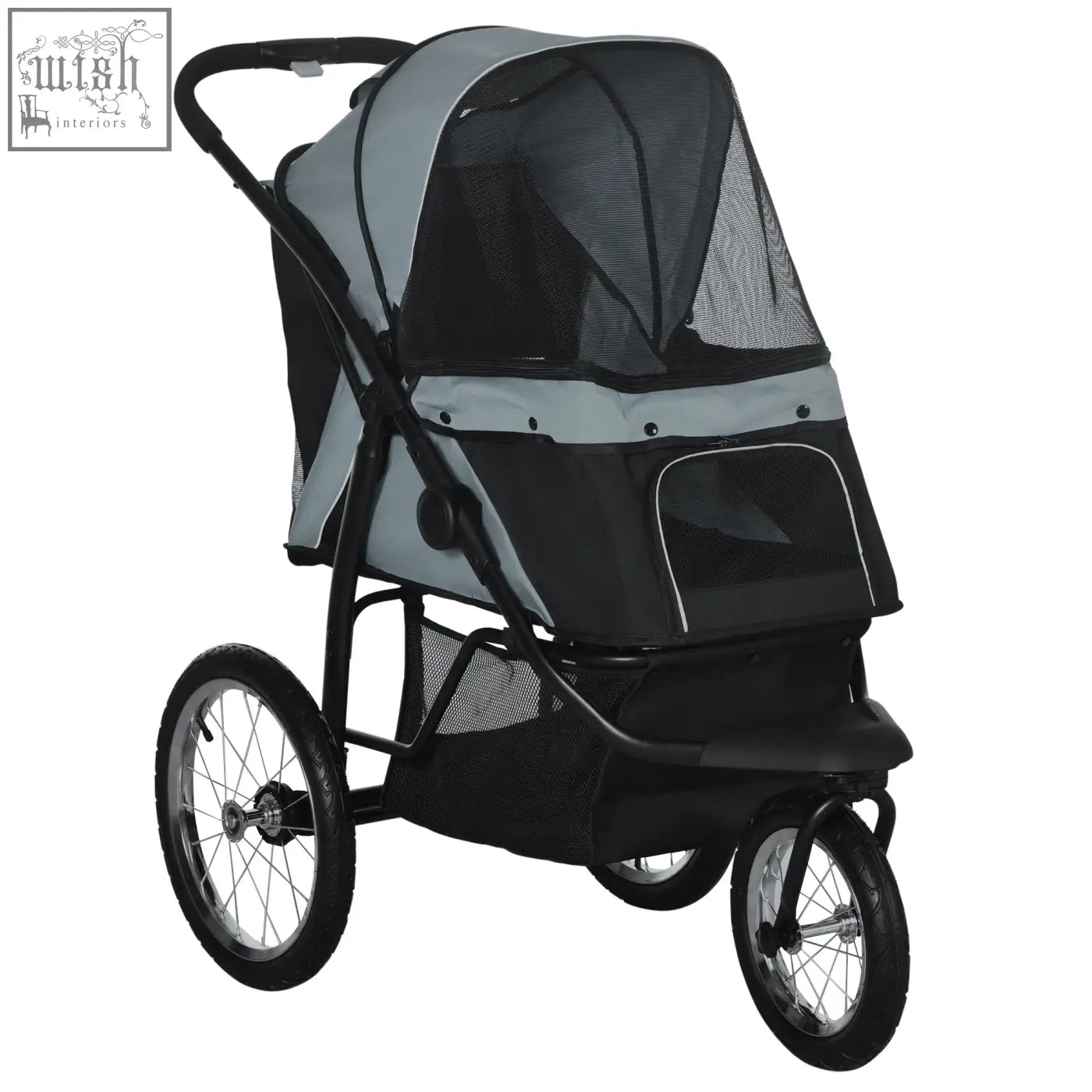 Pawhut dog pram dog stroller jogger in grey with mesh sides three large rubber wheels and front storage basket