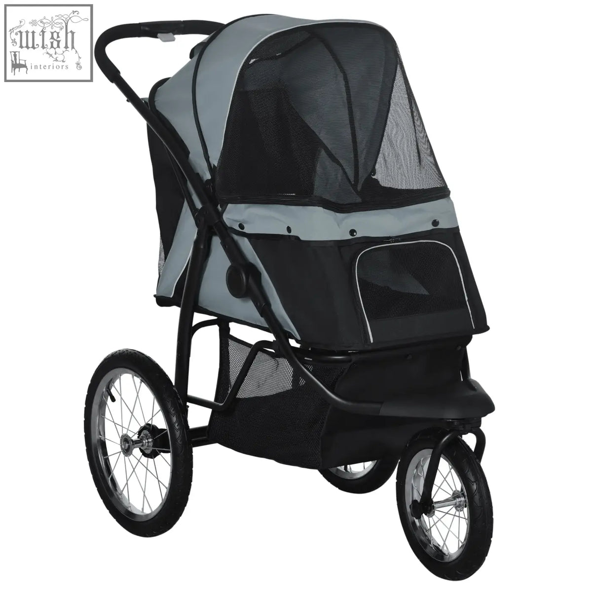 Pawhut dog pram dog stroller jogger in grey with mesh sides three large rubber wheels and front storage basket