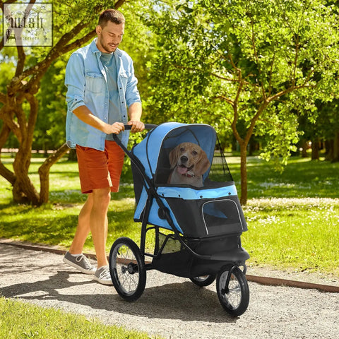 Blue and black pawhut dog pram with mesh canopy front storage and three large rubber wheels for small dogs