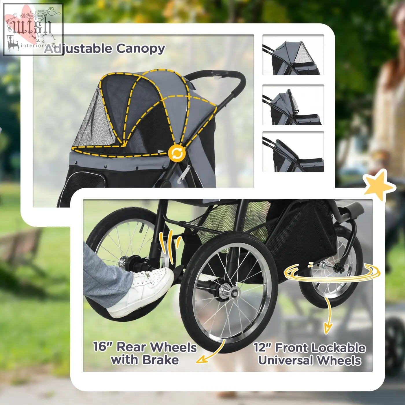 Pawhut dog black and gray adjustable canopy dog pram with mesh sides and three large rubber wheels for easy jogging