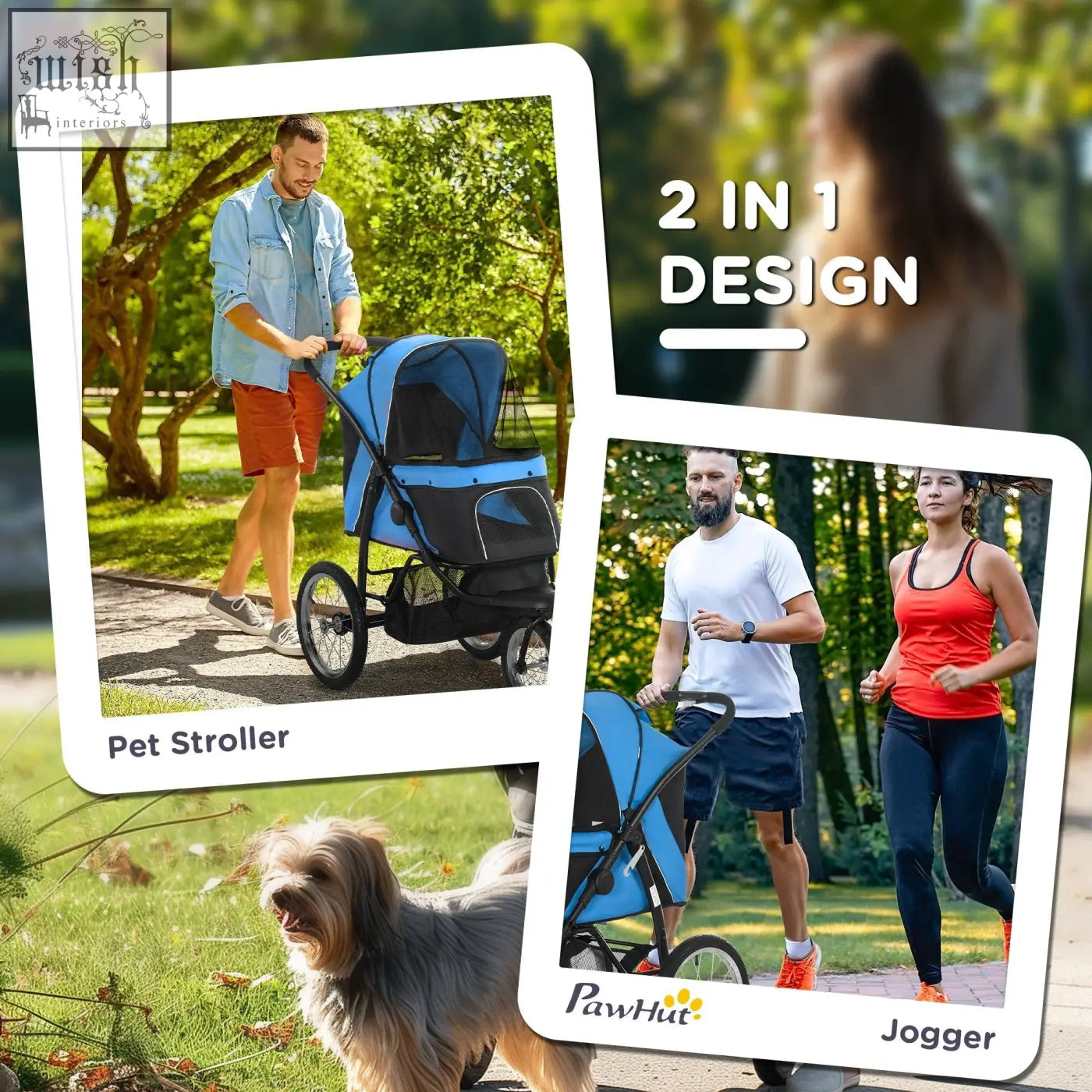 Blue and black pawhut dog pram with three large rubber wheels foldable stroller for jogging or walking small dogs