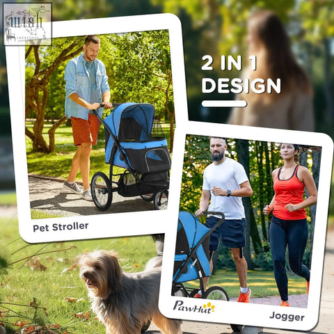 Blue and black pawhut dog pram with three large rubber wheels foldable stroller for jogging or walking small dogs
