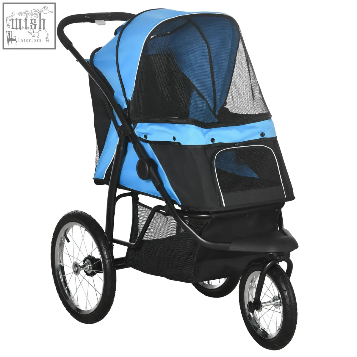 Blue and black pawhut dog pram with mesh sides and front storage basket perfect for small to medium dogs