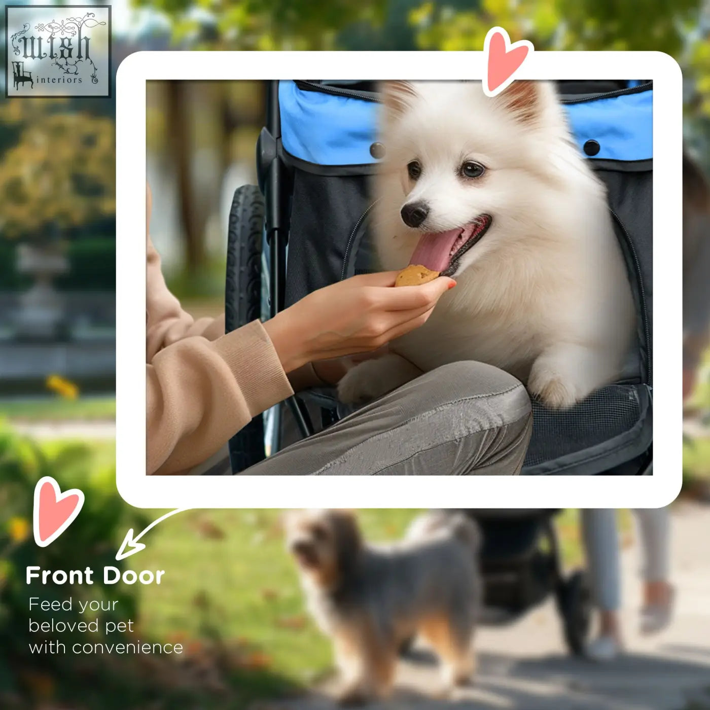 Fluffy white pomeranian in a blue pawhut dog pram with three large rubber wheels and washable cushion