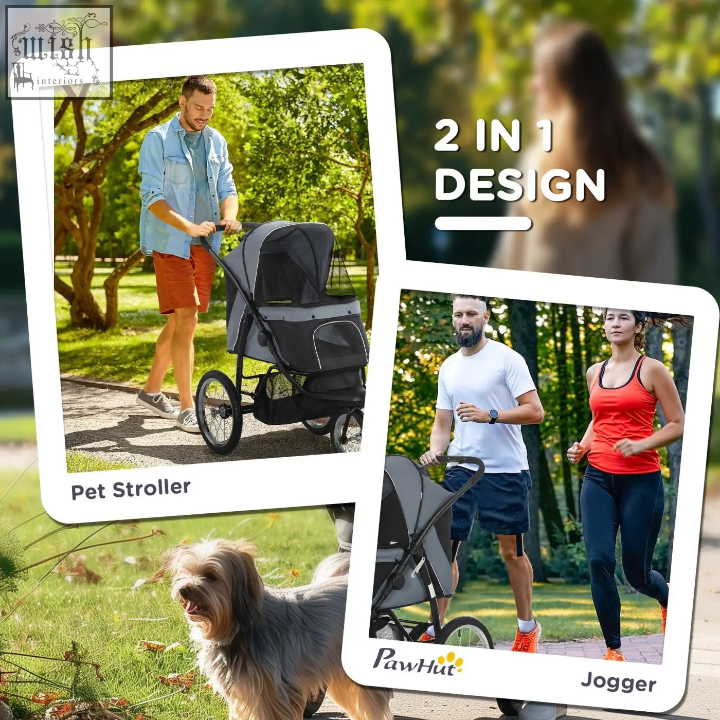 Black and gray pawhut dog pram with three large rubber wheels foldable 2 in 1 design for jogging or walking pets