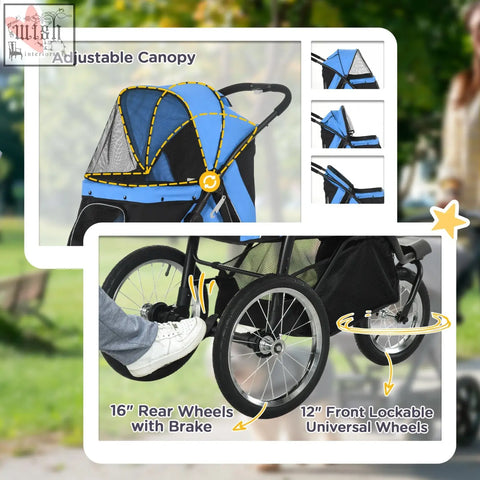 Pawhut dog adjustable blue and black dog pram with 16-inch rear wheels and brake system for small to medium pets