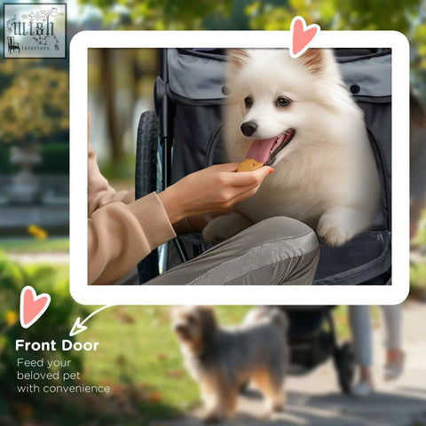 Fluffy white pomeranian in grey pawhut dog pram with rubber wheels and washable cushion for small dogs