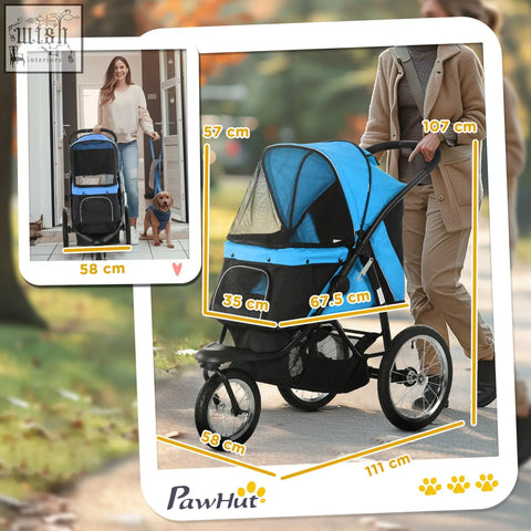 Blue and black pawhut dog pram with three large rubber wheels mesh canopy and washable cushion for small dogs