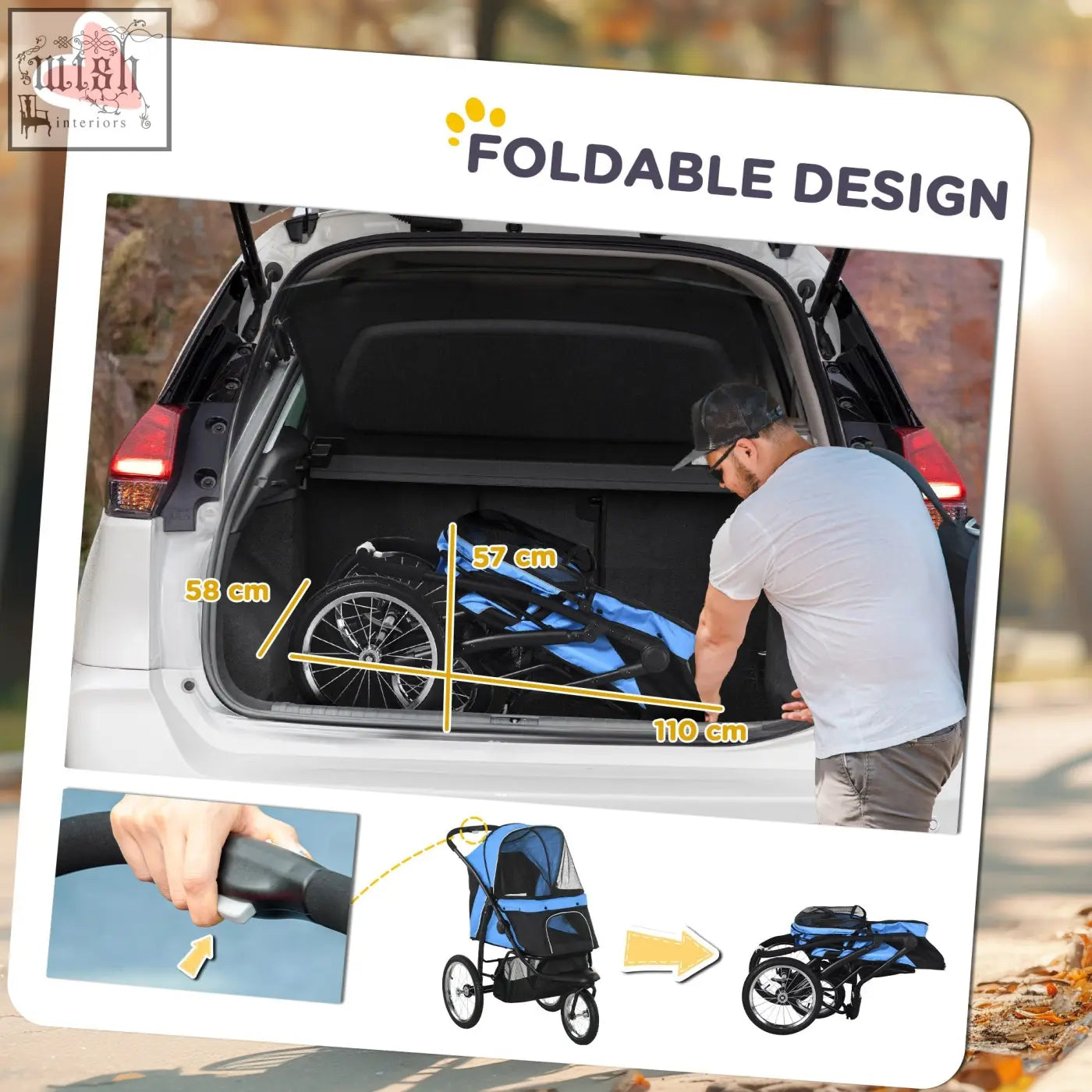 Blue and black foldable pawhut dog pram with transparent canopy and three large rubber wheels for small to medium dogs