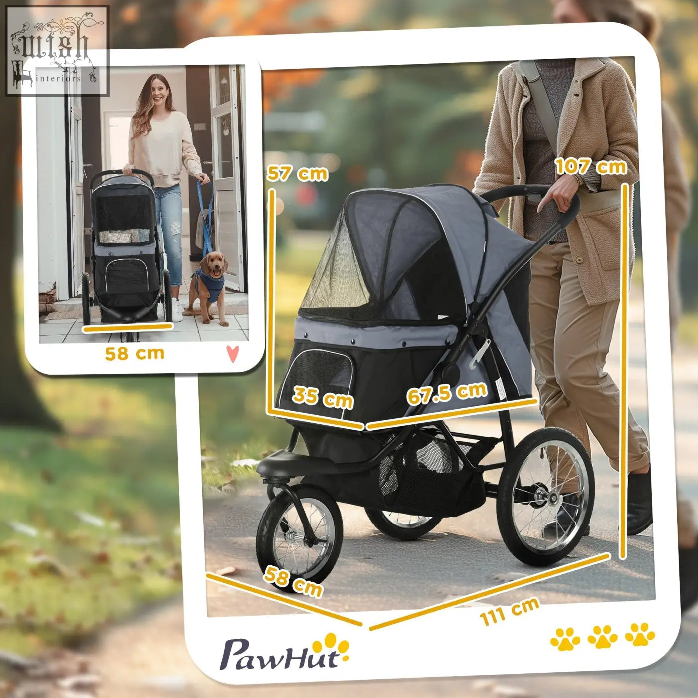 Black and gray pawhut dog pram with mesh canopy three large rubber wheels and adjustable handlebars for small dogs