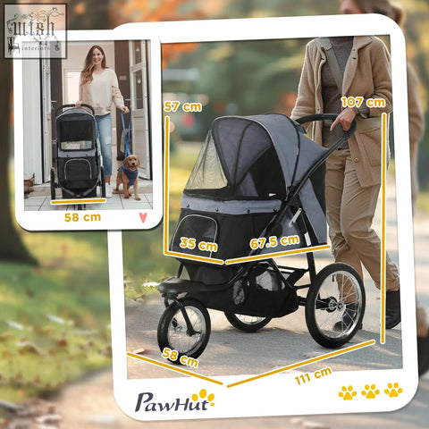 Black and gray pawhut dog pram with mesh canopy three large rubber wheels and adjustable handlebars for small dogs