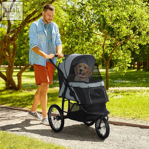 Gray and black pawhut dog pram with mesh canopy front pocket rubber wheels and washable cushion for medium small dogs