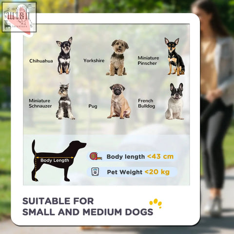 A framed infographic shows six small dog breeds under 43 cm and 20 kg for the pawhut dog pram stroller blue