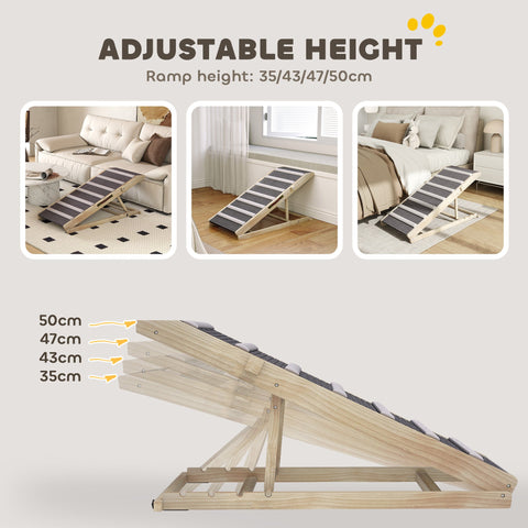 Adjustable-height pine wood dog ramp with black and gray striped non-slip surface for easy pet access to couch
